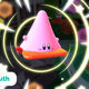 Stars sparkle around Kirby as his body shapes around a traffic cone.